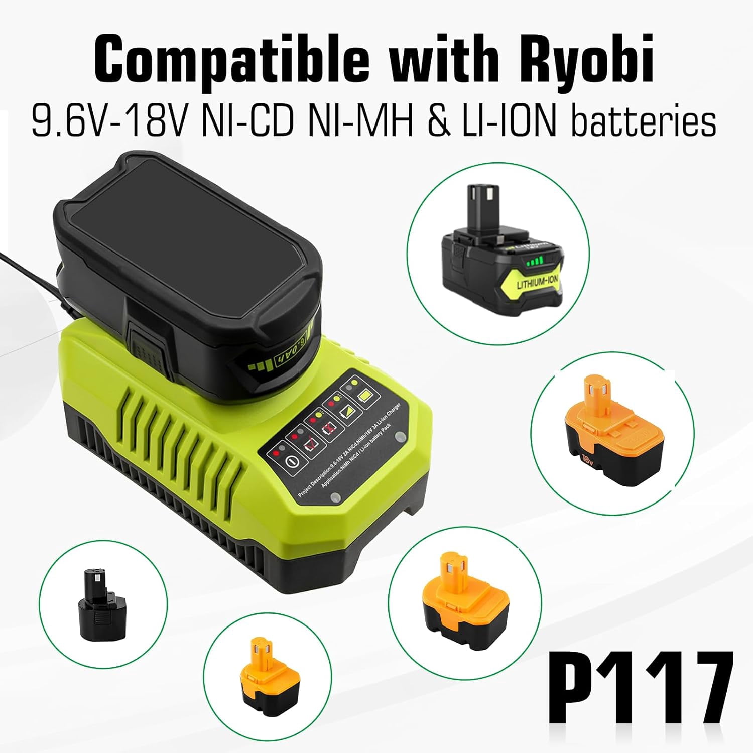 2-Pack 18V 8000mAh P108 Replacement Battery and P117 Charger Compatible with Ryobi 18 Volt Lithium Battery P102 P103 P104 P105 P107 P109 P108 P190 P122