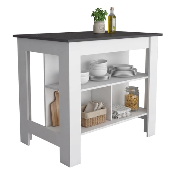 Cala 3-Shelf Wooden Casual Kitchen Island, White Base/Onyx Top