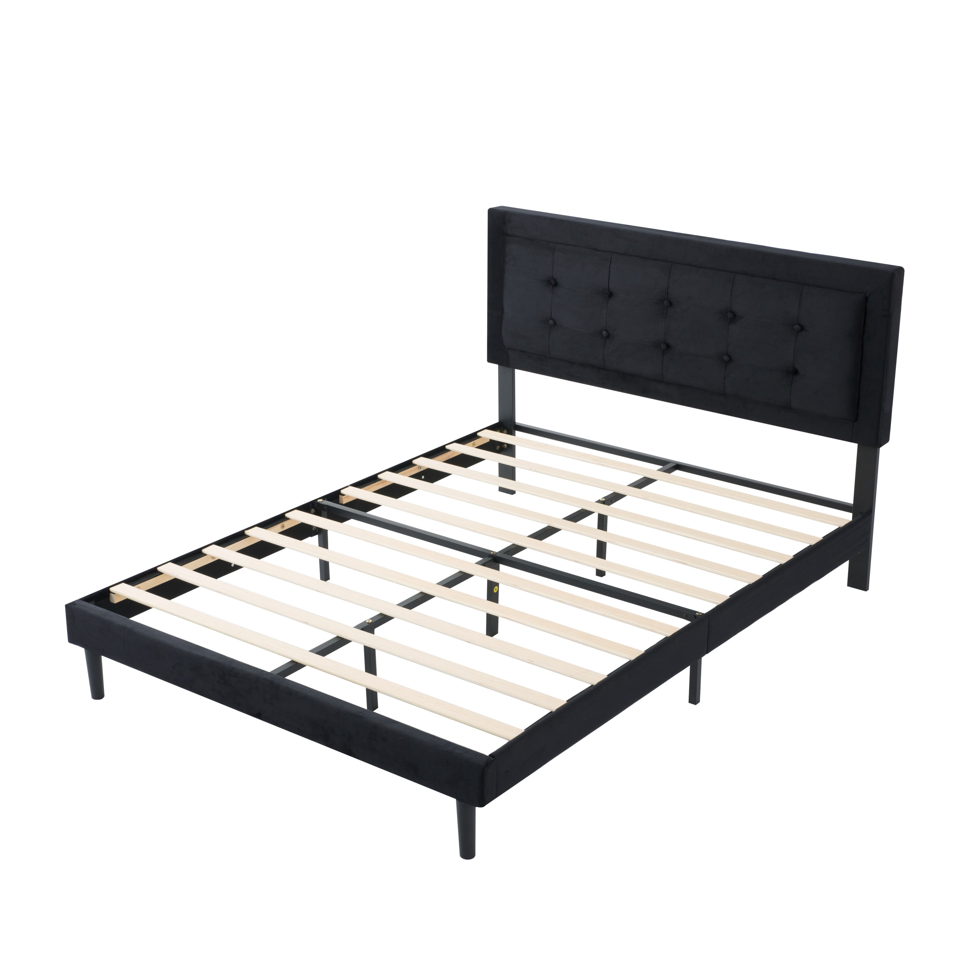 BSHTI Full Size Platform Bed Frame with Square Tufted Upholstered Headboard – Solid Wood Frame, 10 Wood Slats, Center Support Leg, Under-Bed Clearance, No Box Spring Needed, Black