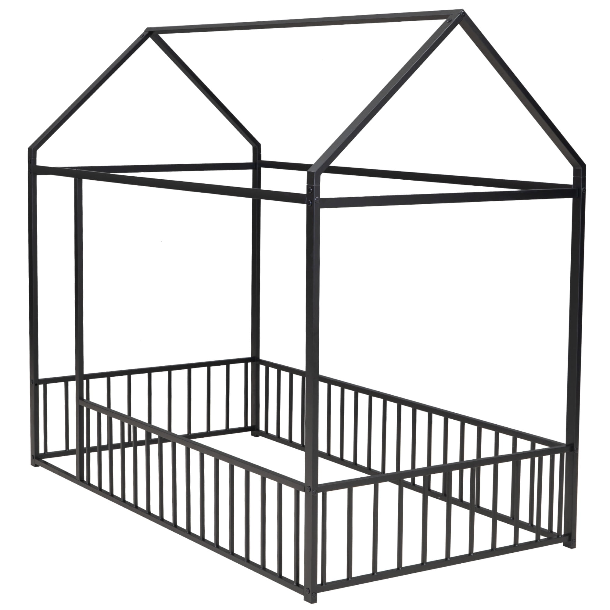 Gewnee Twin Size Metal House Bed frame with Fence,Montessori Floor Bed for Toddler and Kids,Black