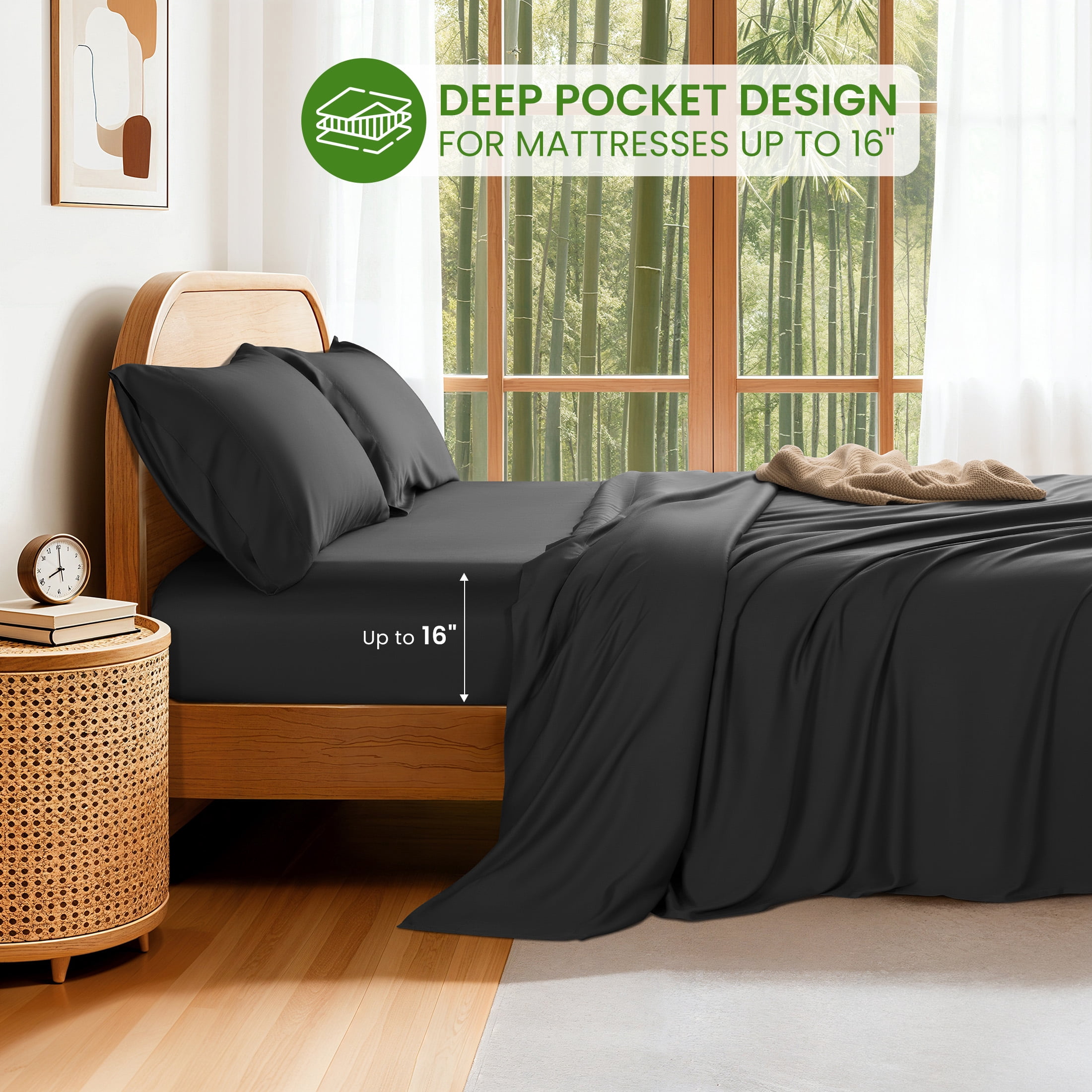 Sonoro Kate 100% Organic Luxurious Bamboo Sheets, King Sheet Set 4-Piece with 16" Deep Pocket, Silky Smooth Luxury Bed Sheets, Black