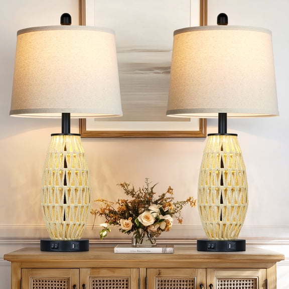 Lolikit Rattan Table Lamps for Bedroom Living Room 27" Boho Farmhouse Wicker Bedside Lamp Set of 2 with Night Light USB A C Ports Bulb Included