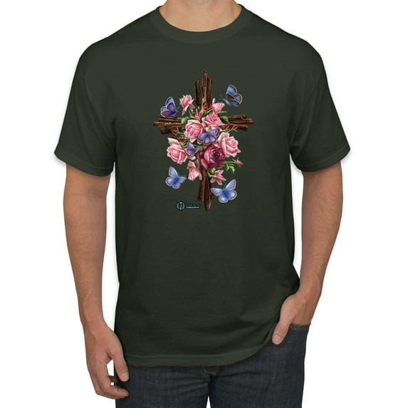 Wild Bobby, Cross with Flowers and Butterflies, Inspirational/Christian, Men Graphic Tees, Forest Green, X-Large