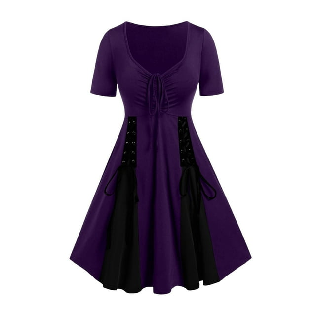 Womens Plus Size Drawstring Lace Insert Gothic Cocktail Vintage Dress Ruched Lace-Up Two Tone Godet Hem A Line Gothic Short Sleeve Dress 2025 Trends Vacation Party Clothes
