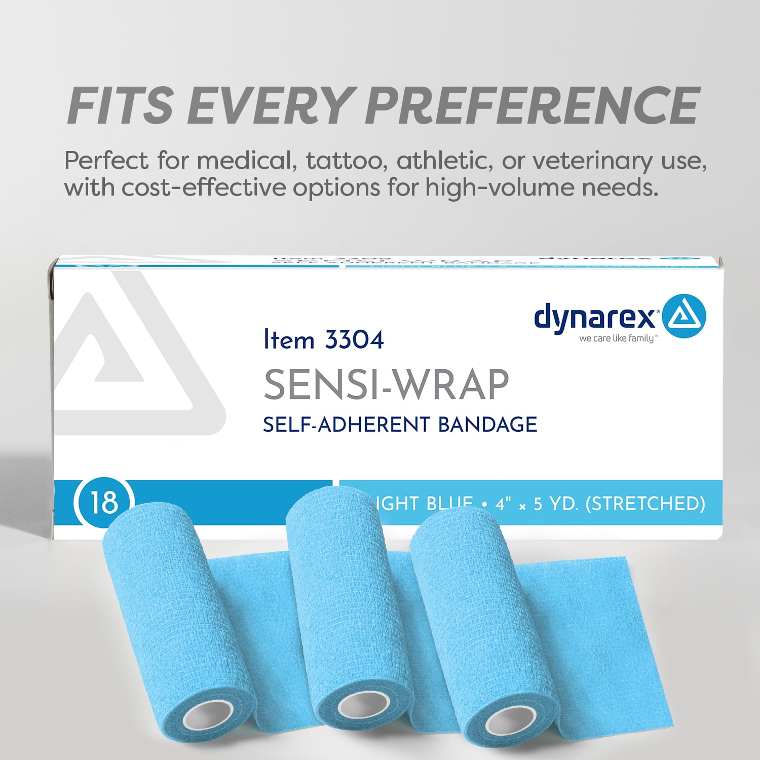 Dynarex Sensi-Wrap Self-Adhesive Bandages, 18-Pack, 4" x 5 yards, Light Blue, Latex, Colored Elastic Cohesive Athletic Tape, Tattoo Grip & Vet Wrap