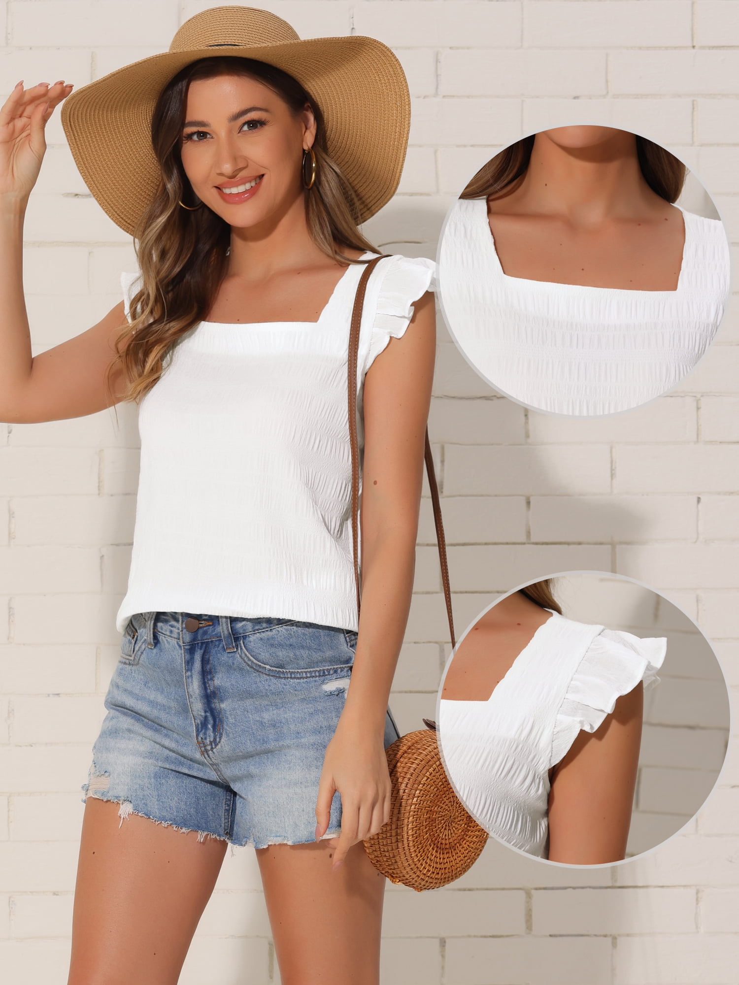 DARING DIVA Women's Short Cap Sleeve Square Neck Babydoll Blouse S White