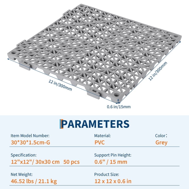 AKDSteel 50 Pack Interlocking Floor Tiles, 12" x 12" Soft Pvc Non-Slip Mats With Drainage Holes For Gym, Kitchen, Poolside, Garage