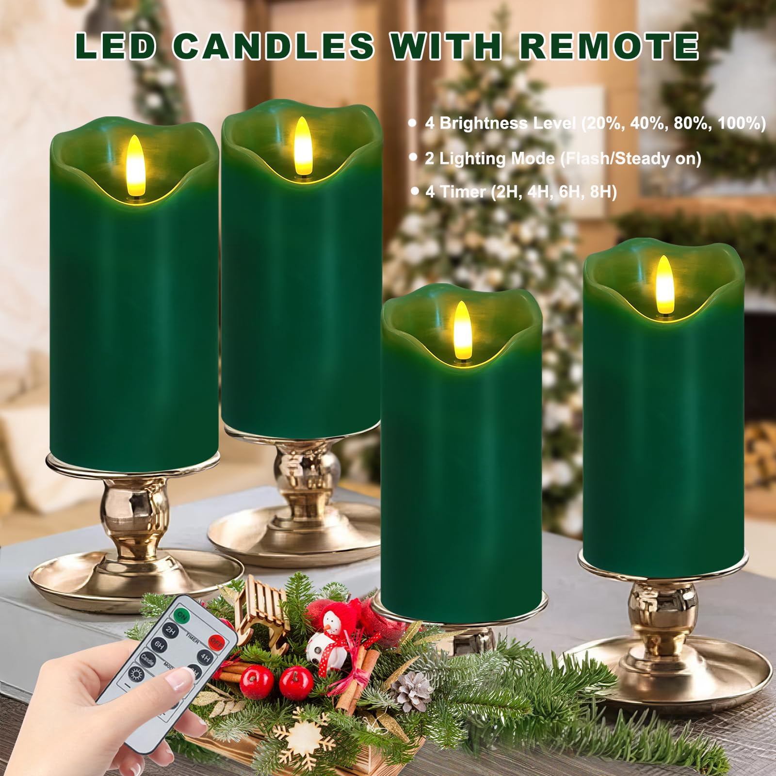 Flameless Candles Light, Set of 2 6"x3" Flickering Christmas Flameless Candles with Remote & Timer, Dimmable Real Wax Pillar Candles Battery Operated, Green Candles for Home Xmas Decor