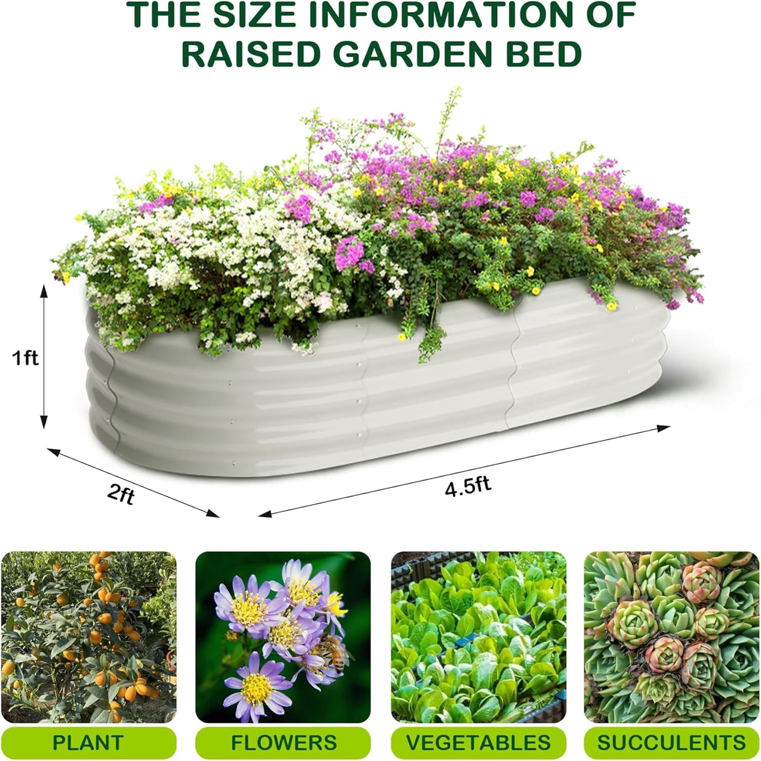 Galvanized Metal Raised Garden Bed 2-Pack 4.5x2x1 ft, White Oval Outdoor Planter Box Kit with Open Bottom Drainage for Growing Vegetables, Plants & Flowers in Backyard or Patio
