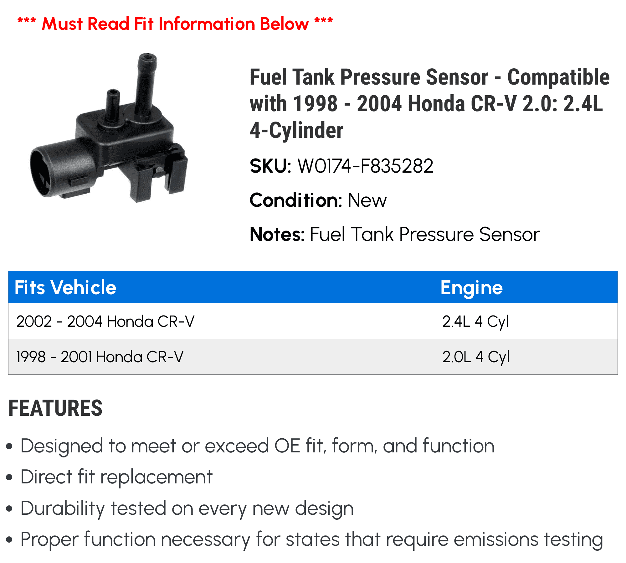 Fuel Tank Pressure Sensor For 1998-2004 Honda CR-V 2.0L & 2.4L - Direct Replacement