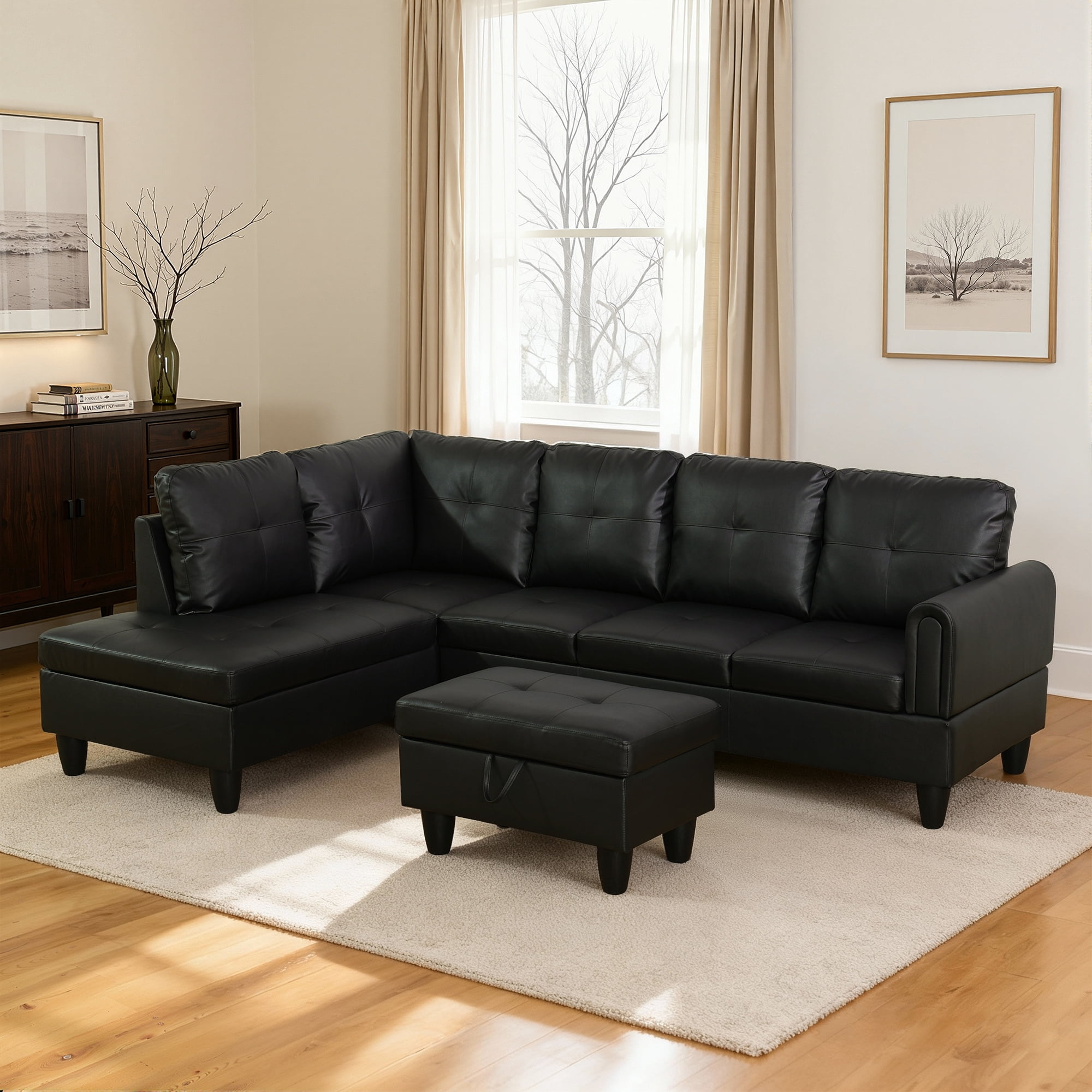 MAYEERTY 97" Faux Leather Sectional Sofa, 3-Piece Couch Living Room Sofa Set with Ottoman, Black (Left)