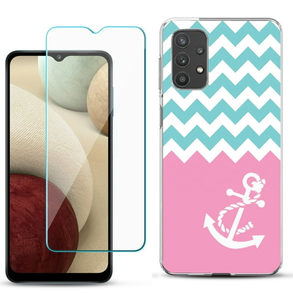 Slim-Fit TPU Phone Case compatible with Samsung Galaxy A32 5G, with Tempered Glass Screen Protector, by OneToughShield ® - Chevron/Teal/Anchor