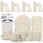 GPED 46 Pieces Wheat Straw Dinnerware Sets for 4, Plates and Bowls Sets With Cutting Board and Fruit Knife, Outdoor Camping Dishes Sets, Microwave & Dishwasher Safe, Lightweight & Unbreakable, Beige