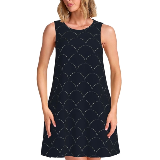 Fotbe Black Fish scales Vestido de Verano sin Mangas para Mujer – Vestido Midi Línea A, Estilo Camiseta Floral, Vestido Playero Casual y Fluido