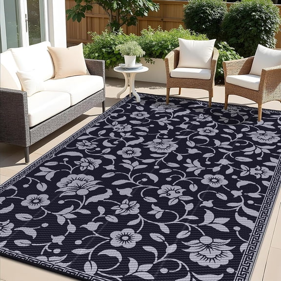 Waterproof Outdoor Rug 6x9 ft, Outdoor Plastic Straw Rug with Flower Pattern, Reversible RV Mat for Patio, Camping, Balcony, Deck, Backyard, Black & Grey
