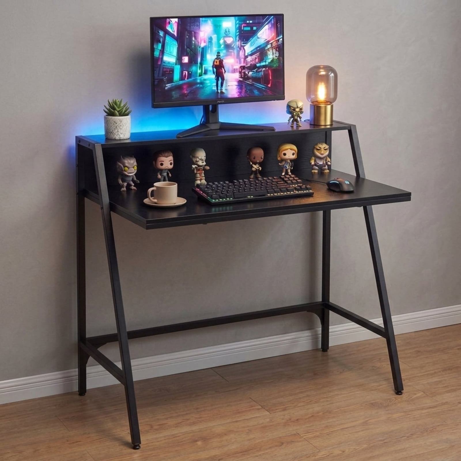 Furnibear 31.5" Industrial Computer Desk with Raised Shelf, Small Writing Desk with Metal Frame for Home Office Bedroom Study Small Spaces, Black