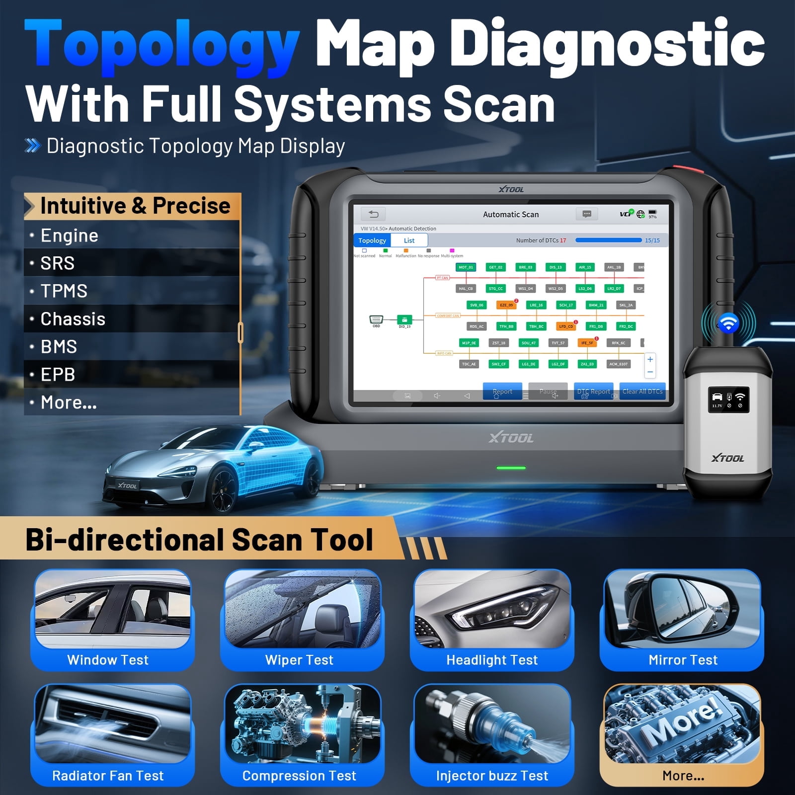 XTOOL IP919 PRO Topology Mapping OBD2 Scanner Diagnostic Tool Bidirectional Scan Tool with KC501 KS-1 Key Fob Programmer, 51+ Resets, FCA/CAN FD/DoIP