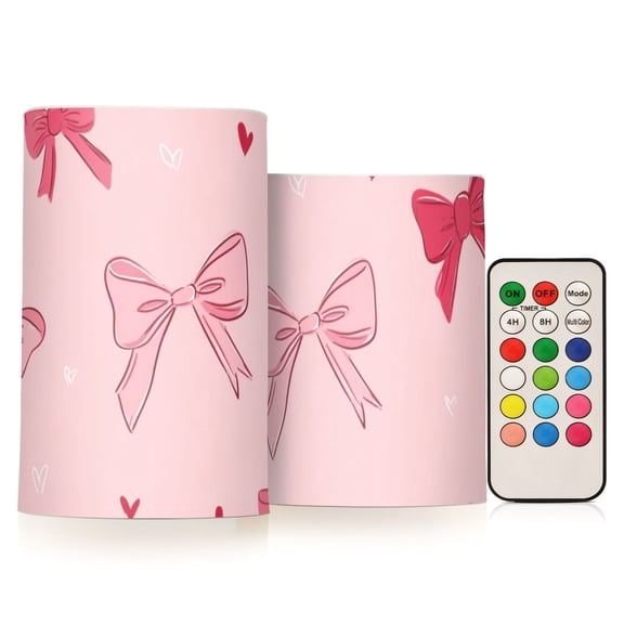Valentine Hand Drawn Hearts Bows Flickering Flameless Candles LED Tealight Battery Operated with Remote Set of 2 Holiday Decor Ornaments