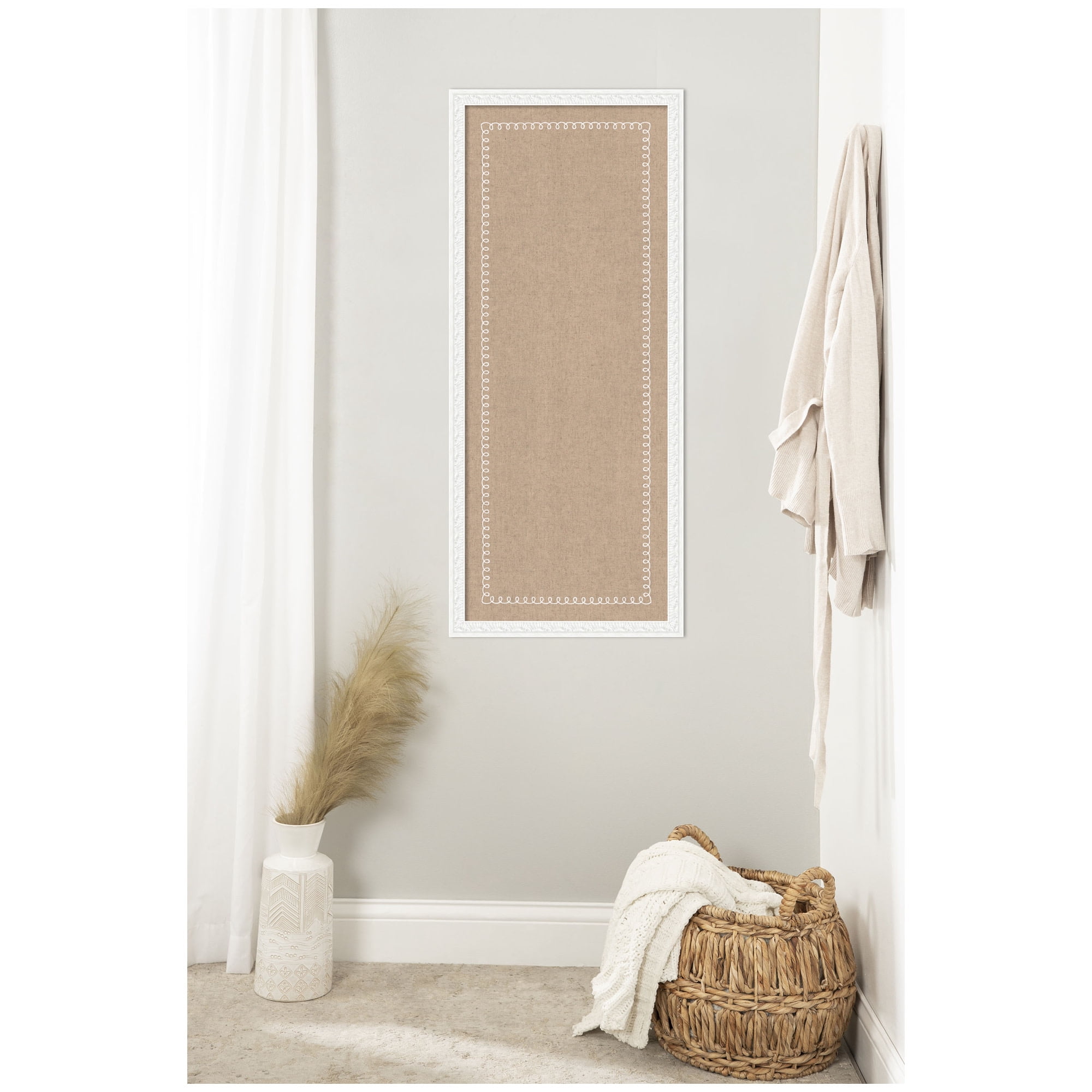 Kate and Laurel Framed Fabric Pinboard 18 x 42, White Scalloped Edge Printed Linen Decorative Bulletin Board for Use as a Vision Board or Wall Organization, Bethany White Frame