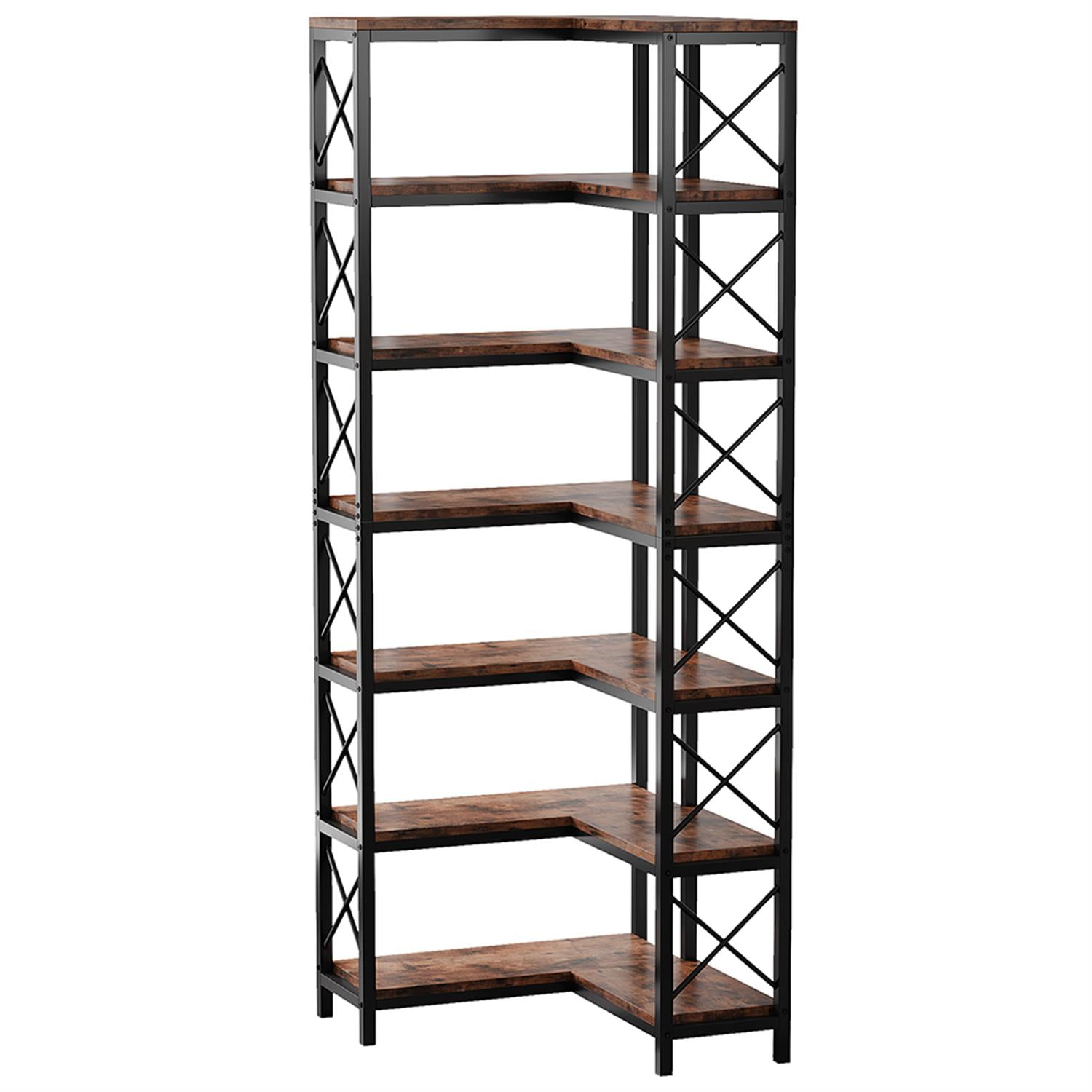 Demi Bonn 7 Tier Corner Bookshelf, Bookshelves, Open Etagere Bookcase Shelf Storage Organizer, Storage Shelving Unit for Bedroom, Living Room and Home Office, Brown
