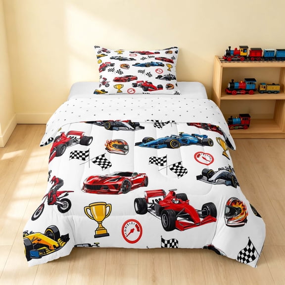 Erosebridal Race Car Twin Comforter Sets, Trophy Bedding Set, Black Red, Reversible 2pcs 1 Comforter and 1 Pillowcase