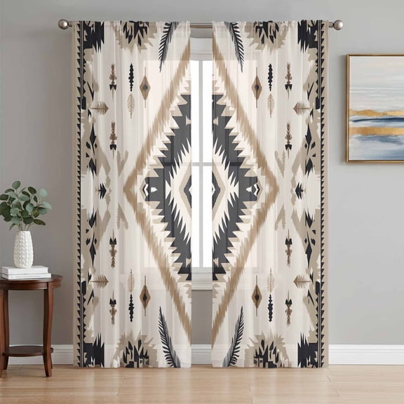 Sheer Curtains 108 Inches Long, Boho Black Brown Light Filtering Window Curtains for Living Room, Retro Geometric Southwestern Ethnic Rod Pocket Voile Sheer Curtain Drapes, 52"W x 108"L, 2 Panels