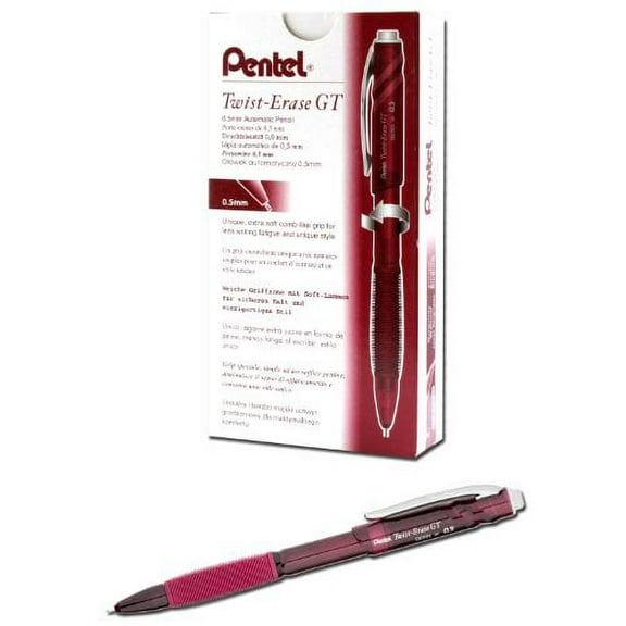Pentel Twist-Erase GT, 0.5mm, Mechanical Pencil Transparent Burgundy barrel, Box of 12 (QE205B)