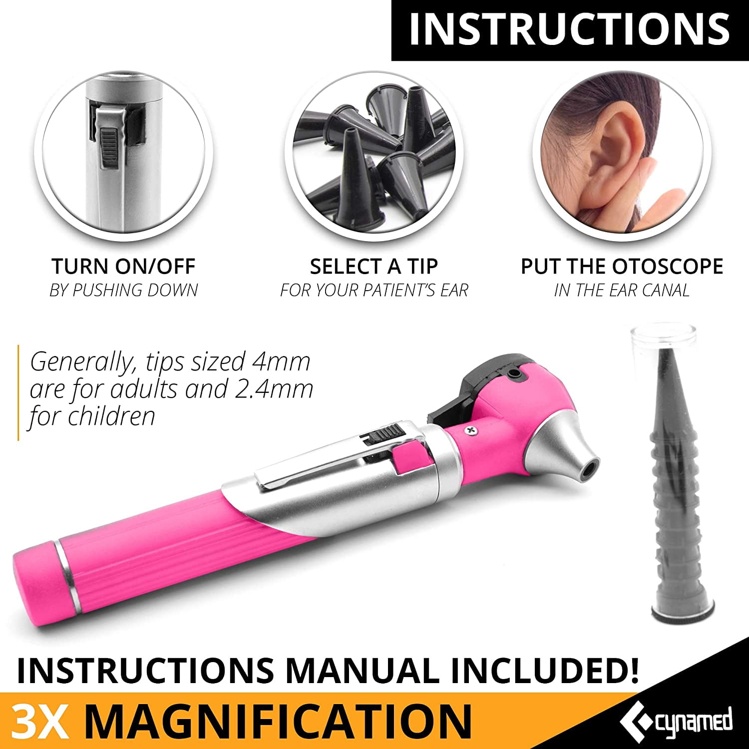 Cynamed Mini Otoscope - Portable Ear Light and Exam Kit for Home and Professional Use - 4X Magnifying Fiber Optic Scope with Spare Tips, Bulb, and Carrying Case - Pocket Diagnostic Equipment (Pink)