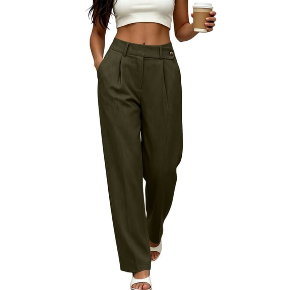 ClodeEU Women's Elastic High Waist Straight Leg Dress Pants with Pockets,Business Casual Work Trousers Army Green,Women's Plus L