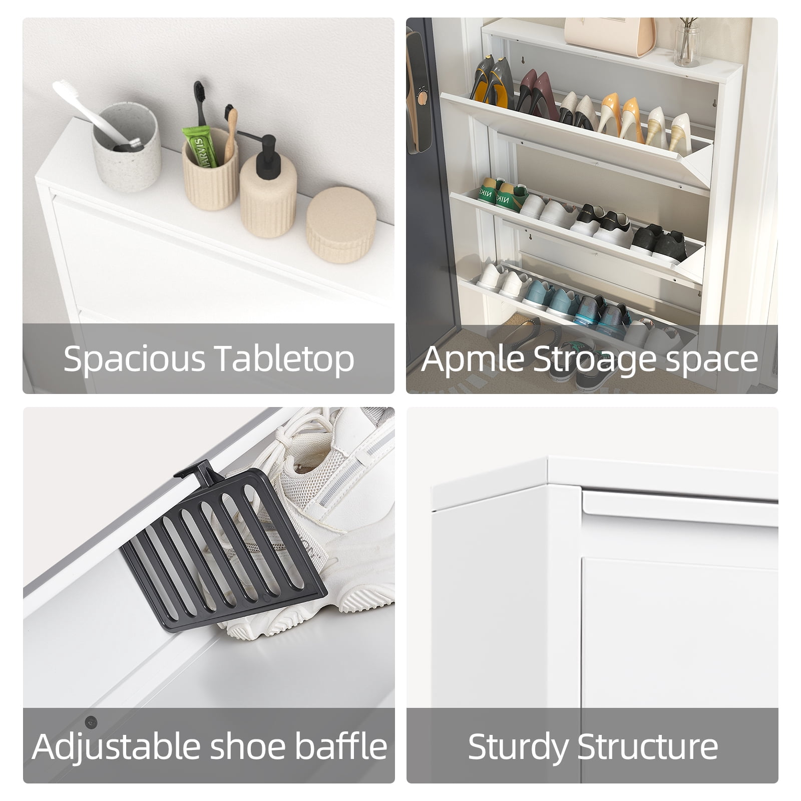 Shoe Cabinet with 3 Flip Drawers, Wall Mounted Shoe Organizer, Narrow Slim Hidden Shoe Rack for Entryway, White