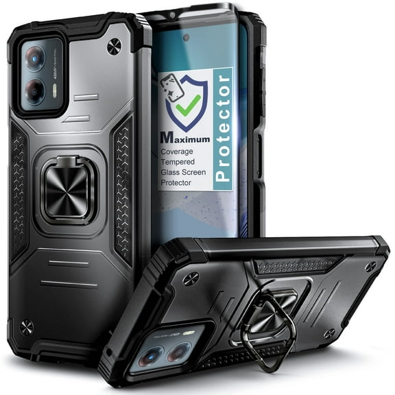 Nagebee Phone Case Compatible for Motorola Moto G 5G (2023) with Tempered Glass Screen Protector, Full-Body Protective [Military-Grade], Magnetic Car Mount Ring Holder Heavy Duty (Black)