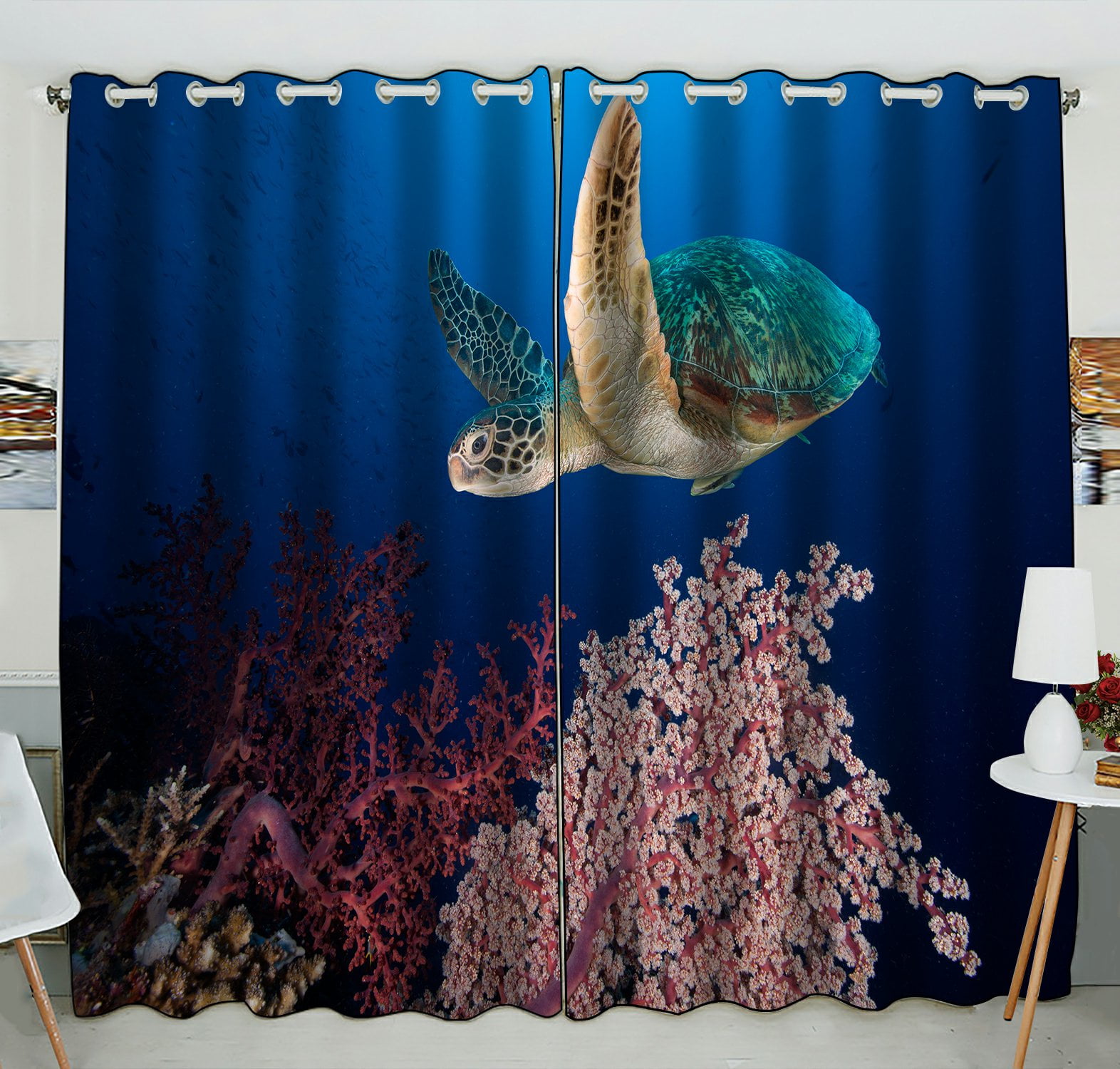 Phfzk Underwater Ocean Animal Window Curtain, Sea Turtle At The Coral