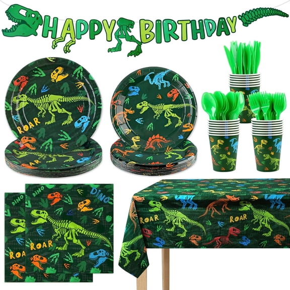 Dinosaur Birthday Party Decorations, Dinosaur Themes Party Tableware Set Serve 20, Birthday Party Supplies With Disposable Plates, Napkins, Cups, Cutlery Set, Banner, Tablecloth