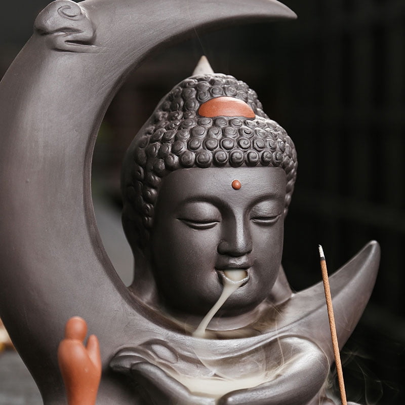 Buddha Incense Burner Backflow - Zen Ceramic Cone Incense Waterfall Burner, Moon Smoke Fountain Incense Holder with Cones & Tweezer & Fire Mat for Aromatherapy/Yoga/Home/Room/Office Deco