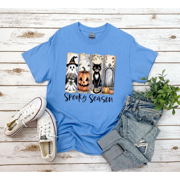 Spooky Season Shirt, Vintage Halloween T-Shirt, Cute Ghost Black Cat Pumpkin Tee, Cottagecore Fall Womens Shirt