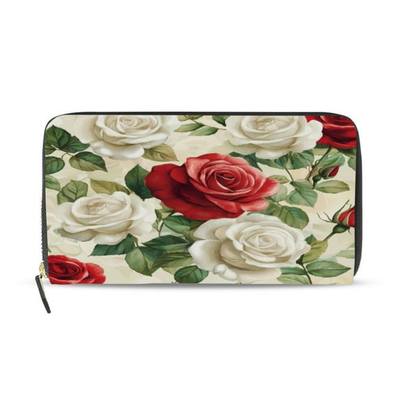 Qxltty Red White Rose Pattern Women's Leather Wallet Fashion Retro Multi Card Holder with Cell Phone Pocket Mothers Day Gifts