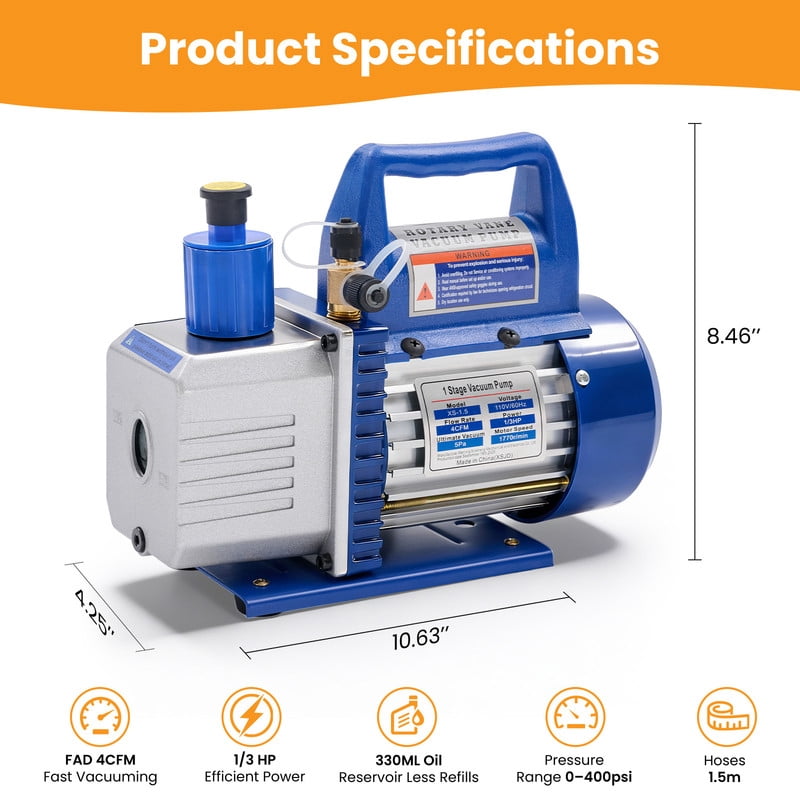 Gianna 110V 1/3 HP 4CFM Single Stage Vacuum Pump Kit with R134a Manifold Gauge Set, Leak Detector, 1/4" Hoses & Carry Bag for HVAC AC Refrigeration, ETL Listed (Blue)