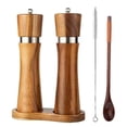 thumbnail image 2 of Steel Ring Salt Pepper Grinder Acacia Wood with Base Pepper Mill Ceramic Core Seasoning Bottle BBQ Steak Salt Spreader Grinder (6in Set WithBase), 2 of 7
