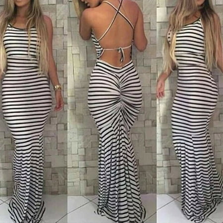 Multitrust Women Plus Size Strappy Striped Long Maxi Sundress Party Club Beach Dress