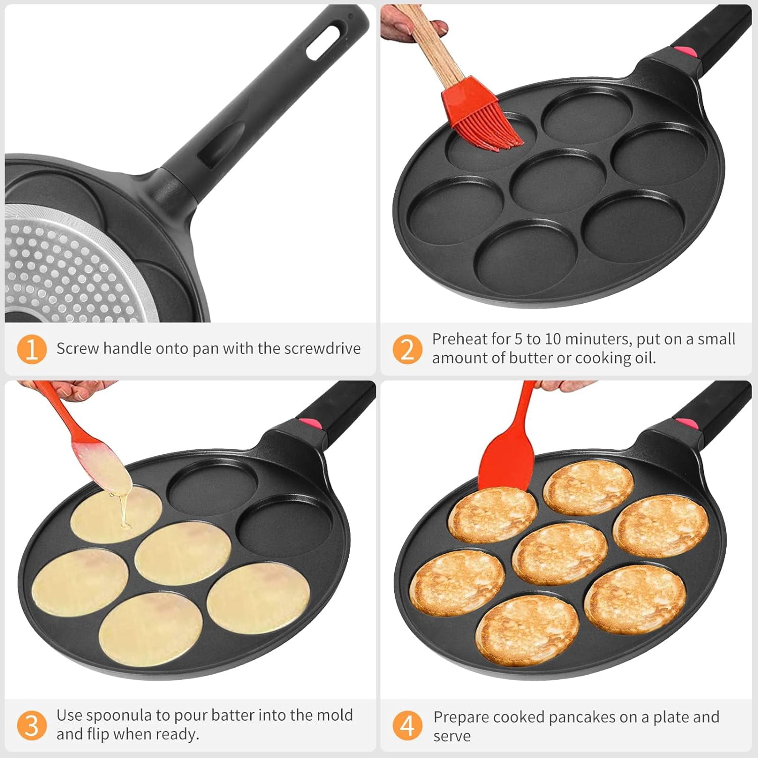10.5 Inch Nonstick Pancake Pan Maker with 7 Molds, Mini Grill for Breakfast, Crepes, Blini, Oven & Dishwasher Safe