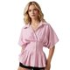 thumbnail image 1 of Blusas de verano para mujer, de manga corta, con cuello de solapa, estampado de rayas, abotonadas, con volantes plisados., 1 of 9