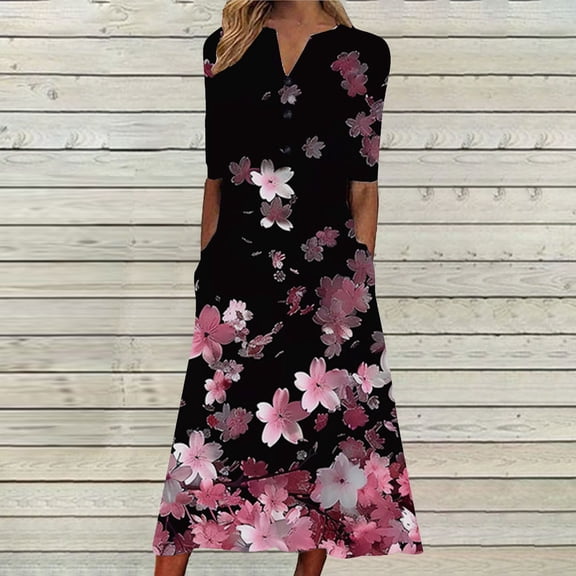 DailyTrove Women's Based Floral 3/4 Sleeve Dress, Romantic Outerwear for Summer Night Outings Date Nights