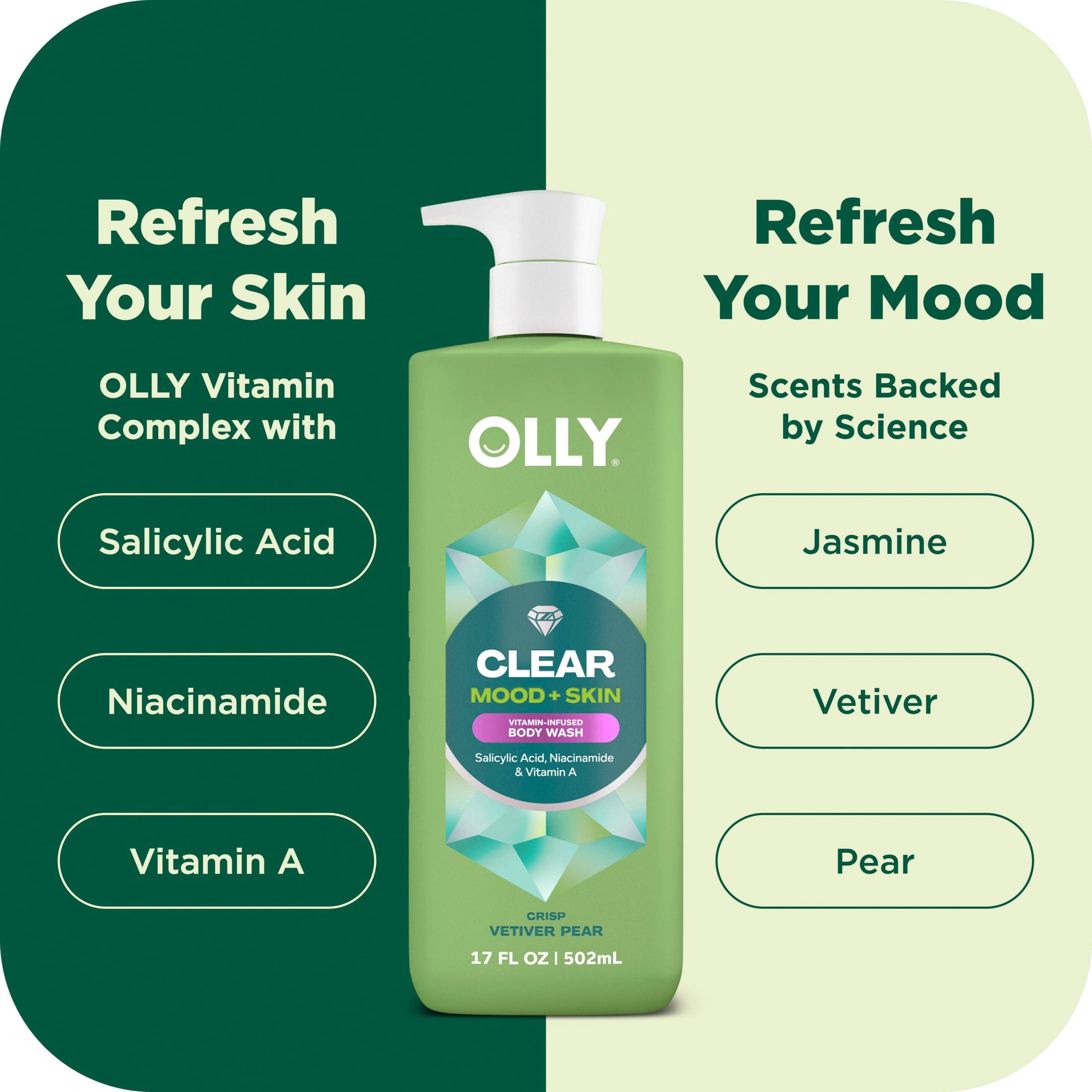 OLLY Body Wash With Salicylic Acid, Niacinamide & Vitamin A Clear Mood + Skin For Smoother Skin ,17 fl oz