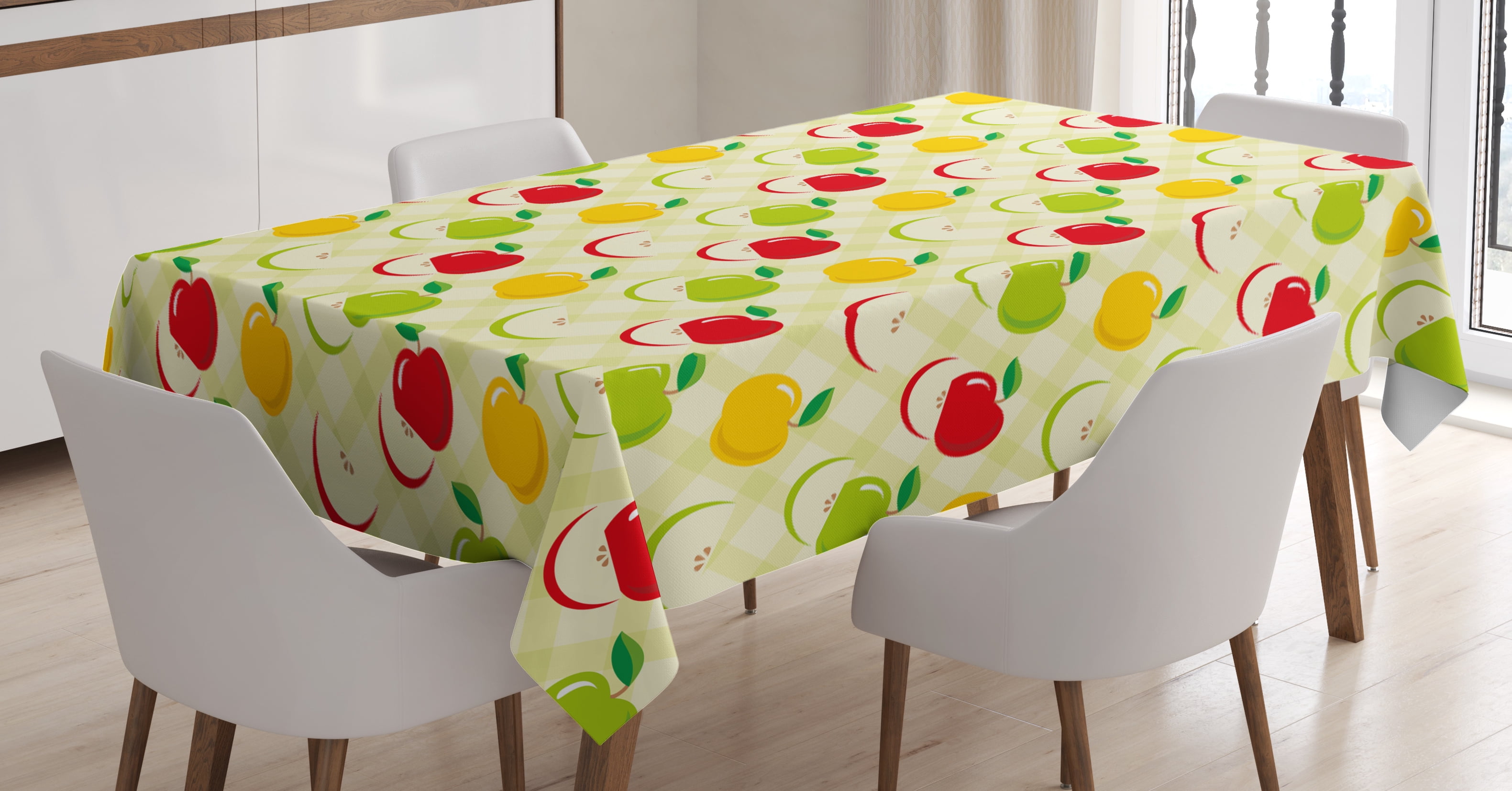 Apple Tablecloth, Diagonal Checkered Pattern with Apples and Slices