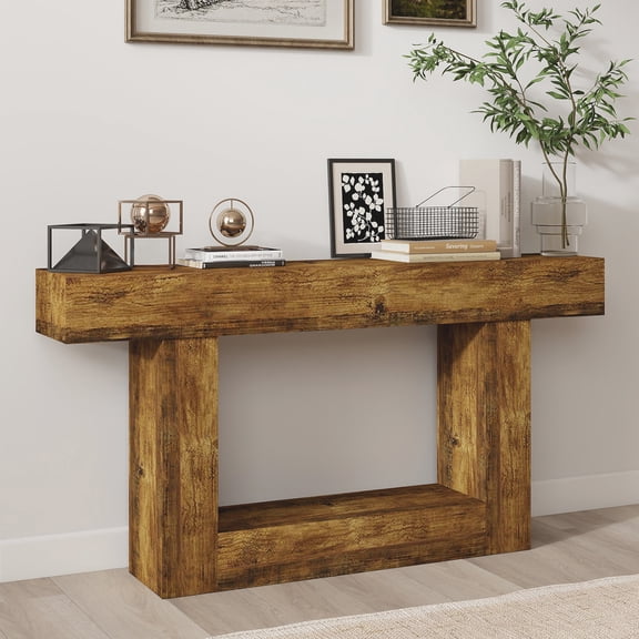 Hommoo 63" Wooden Console Table, Farmhouse 2-Tier Sofa Table, Entryway Table Hallway Table, Rustic Brown