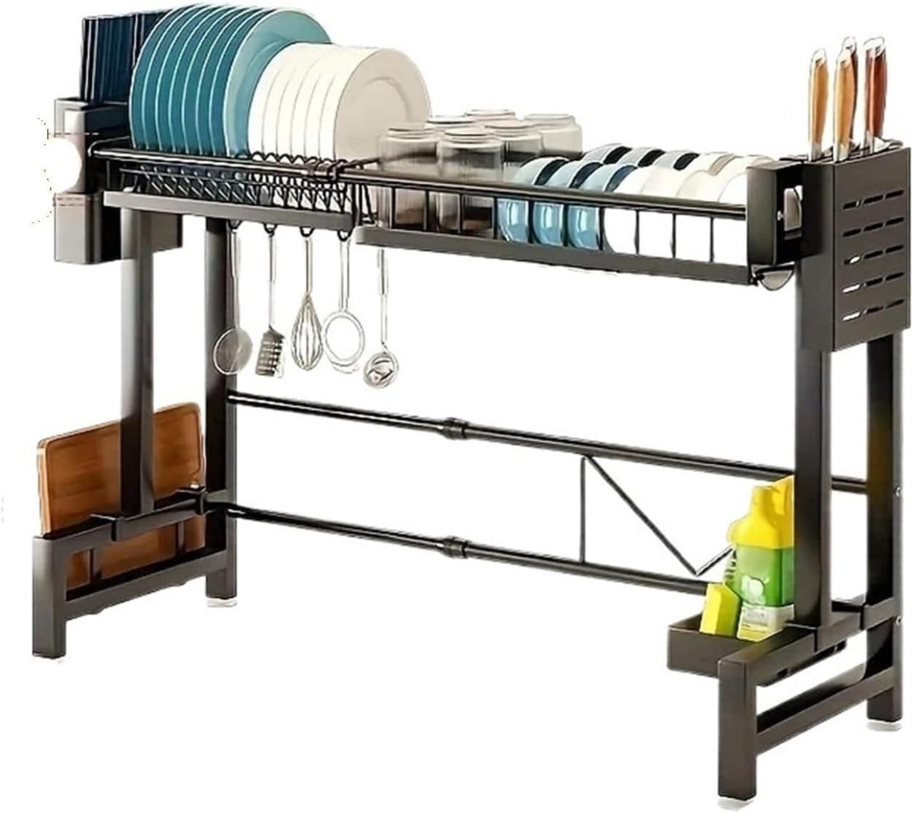 Adjustable Expandable Metal Sink Organizer, Over The Sink Dish Drying Rack, Kitchen Storage Rack With Drip Tray & Utensil Holder For Dishes