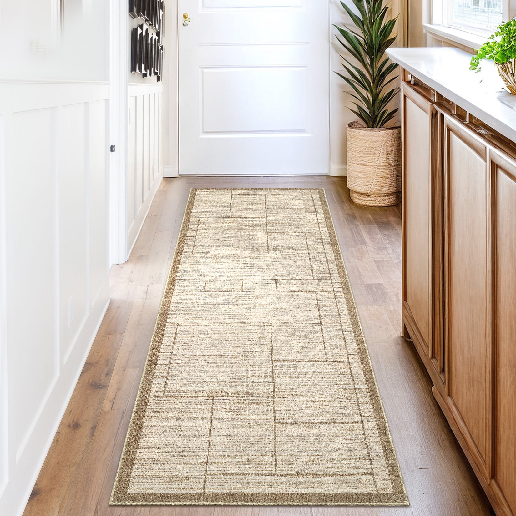 Garvee 2'x6' Modern Geometric Runner Rug Solid Rug, Washable Rug Non-Slip Low Pile Indoor Carpet for Hallway Bedroom Kitchen, Beige