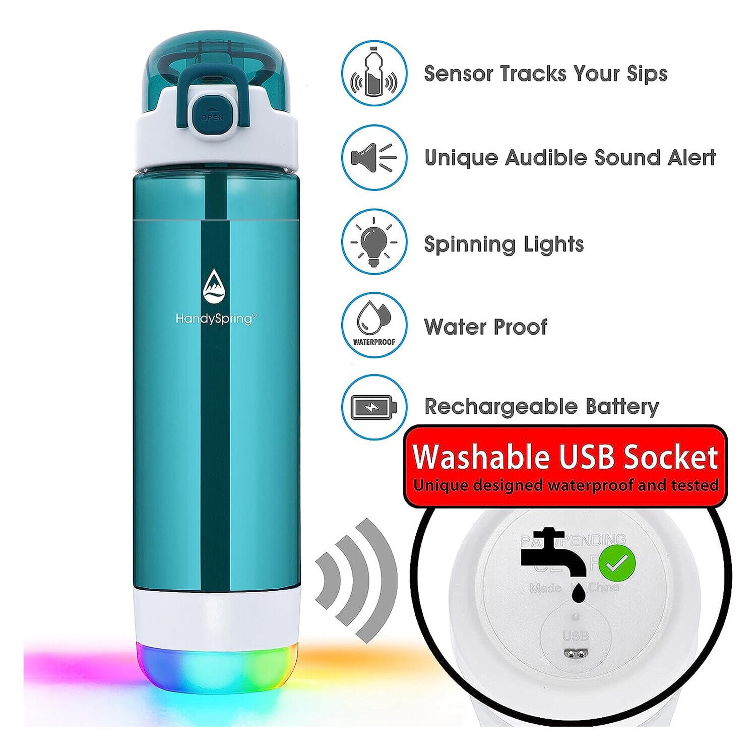 HANDYSPRING - 26 oz Smart Water Bottle with Reminder to Drink Water - Rechargeable - Switchable Lights and Sounds, Water Tracker with Straw, Track Your Sips, Smart Hydration Reminder (Green)