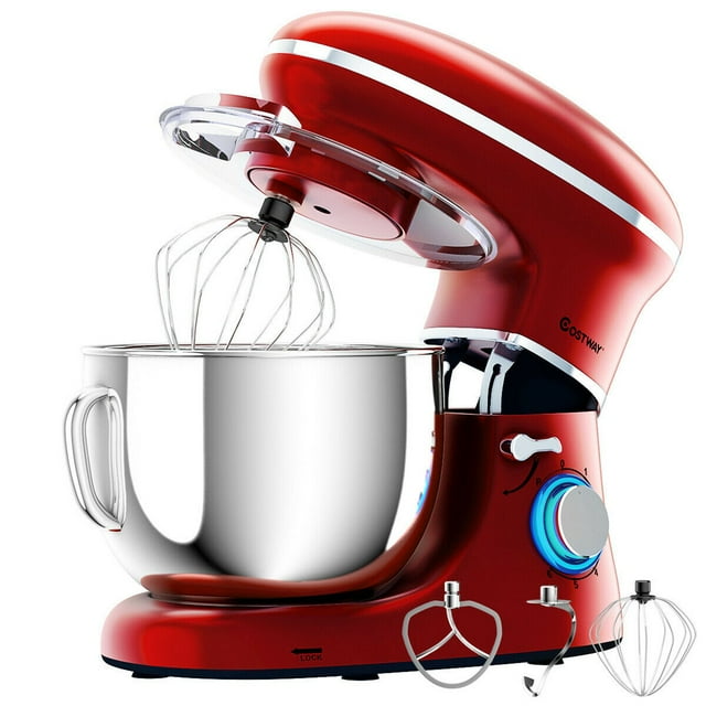 Costway Batteur sur Socle Inclinable 6,3qt 6 Vitesses 660W avec Crochet à Pâte, Fouet et Batteur Rouge