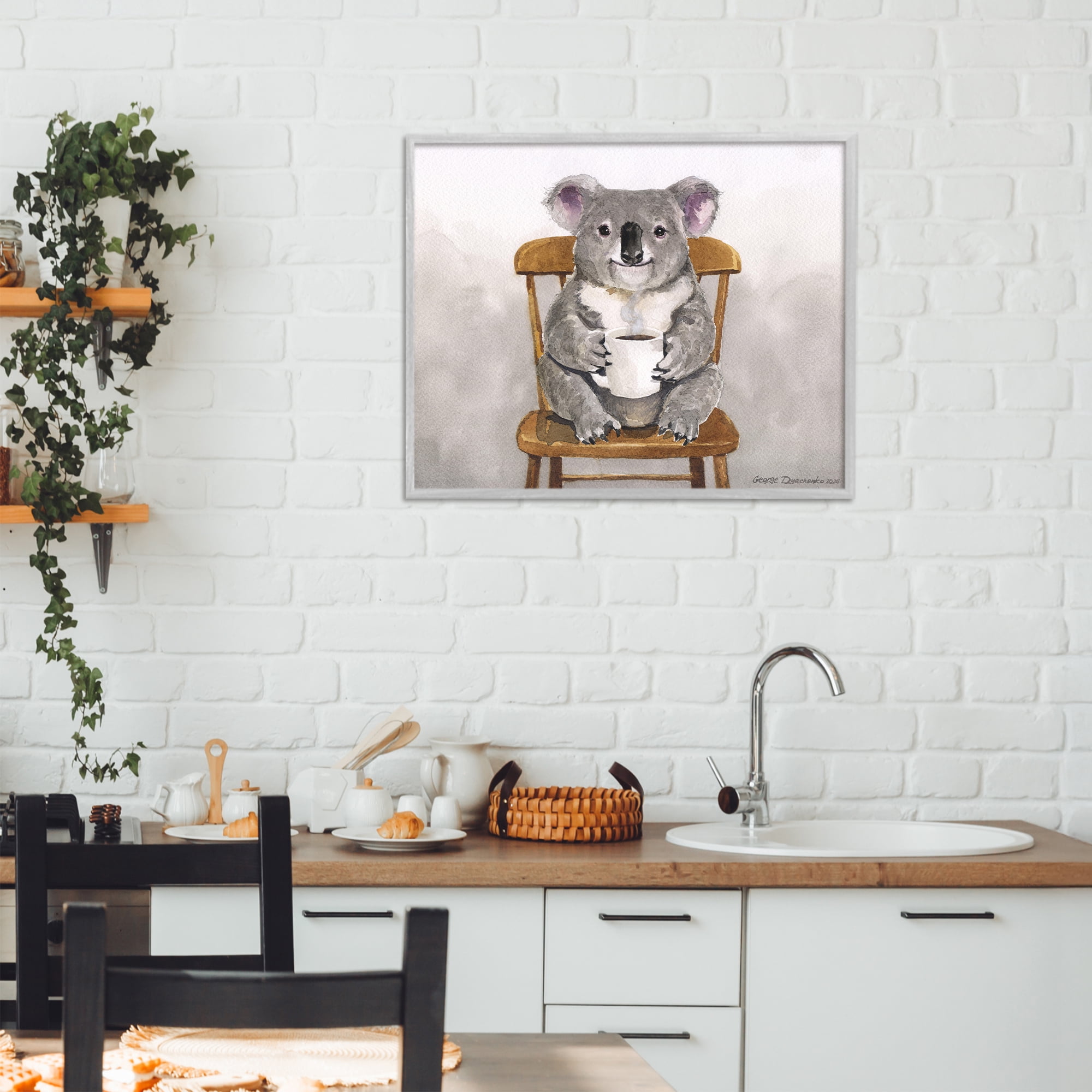 Stupell Industries Koala with Coffee Mug Gray Framed Giclee Art, design by George Dyachenko